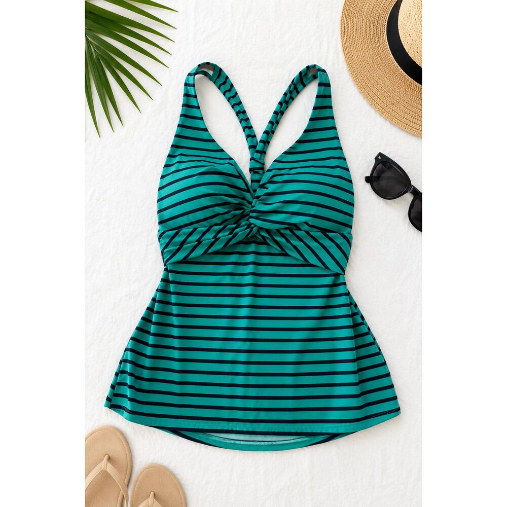 L.L.Bean Women's Striped Tankini Top Turquoise Navy Twist Front Swimwear M